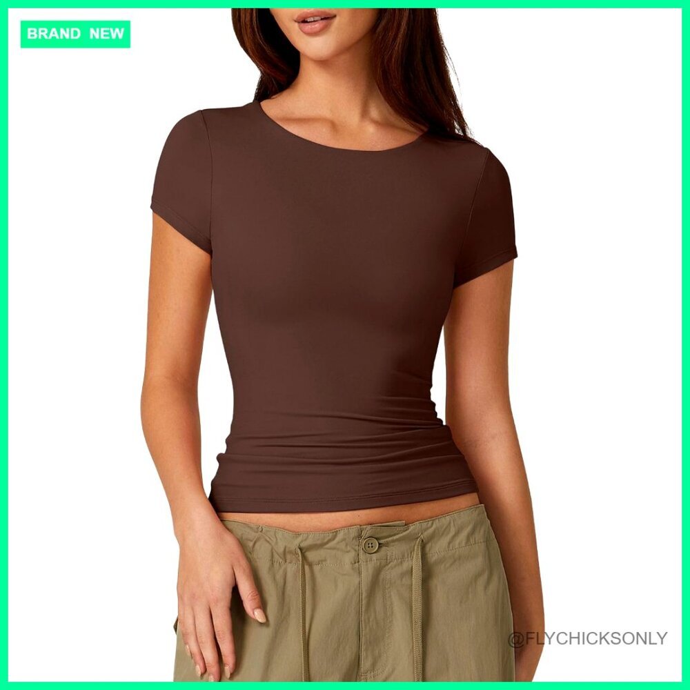 Slim Fit Double Lined Short Sleeve Tee, Crew Neck Y2K Top, Polyamide Spandex